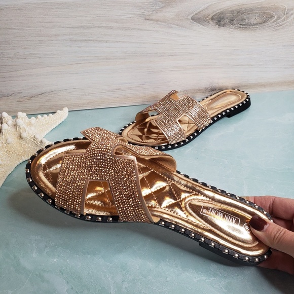 New Rose Gold Sparkle Cut-Out Slide Sandals - Picture 5 of 8